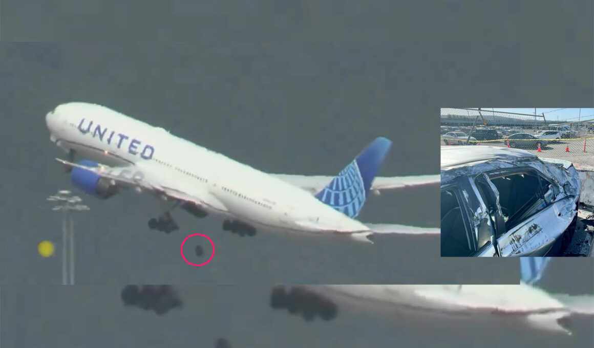 Moment United Boeing 777 loses tire on takeoff