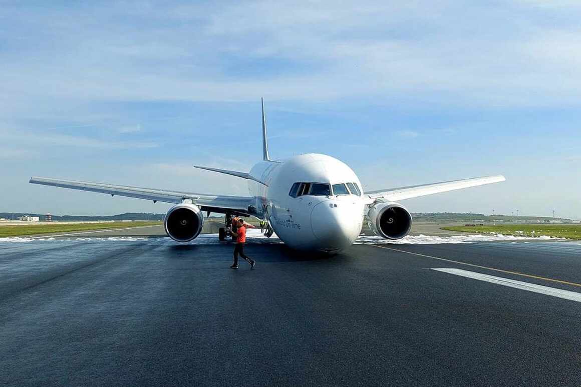 The FedEx Boeing 767F with the front landing gear retracted on the runway at Istanbul Airport