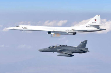 A Russian Tu-160 being escorted by a South African Air Force BAe Hawk in 2019