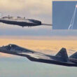 A Su-57 fighter jet flies alongside the S-70 drone and in detail the aircraft is being hit by a missile