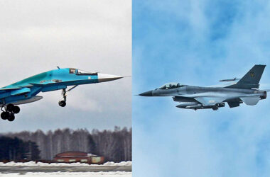 Russian Su-34 and a Ukrainian F-16 (UAF/UAC)