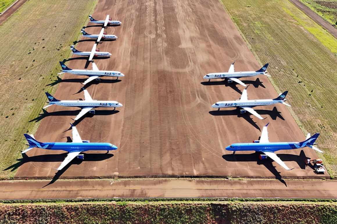 Azul's fleet of jets and turboprops are parked at the empty Brazilian airport