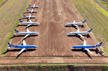 Azul's fleet of jets and turboprops are parked at the empty Brazilian airport