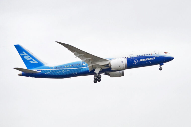 The first flight of the Boeing 787 on December 15, 2009