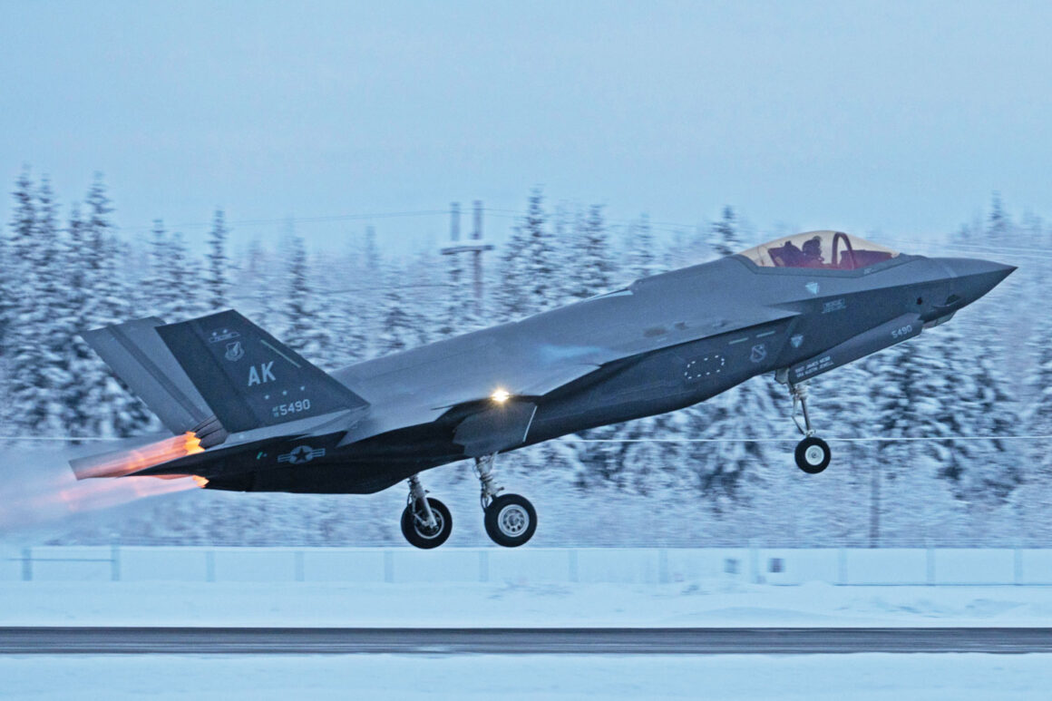 F-35 fighter takes off from Eielson Air Force Base in Alaska