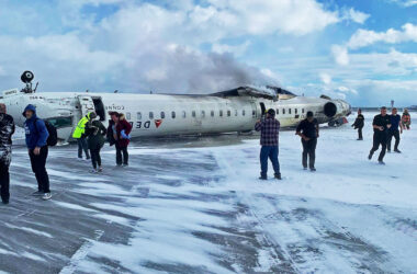 The CRJ-900 jet turned upside down after landing. Passengers left the aircraft through the emergency exit.