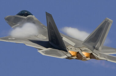 F119 engines of the F-22 fighter with afterburner engaged