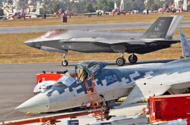 Su-57 and F-35 fighter jets at Aero India 2025